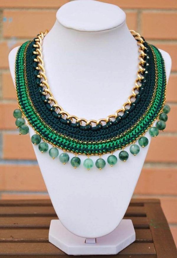 green Crochet necklace gold chain necklace with beads