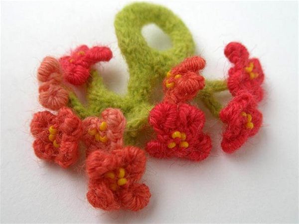 Cherry Blossoms, ring. Glass seed beads, Crocheted and knitted wool.