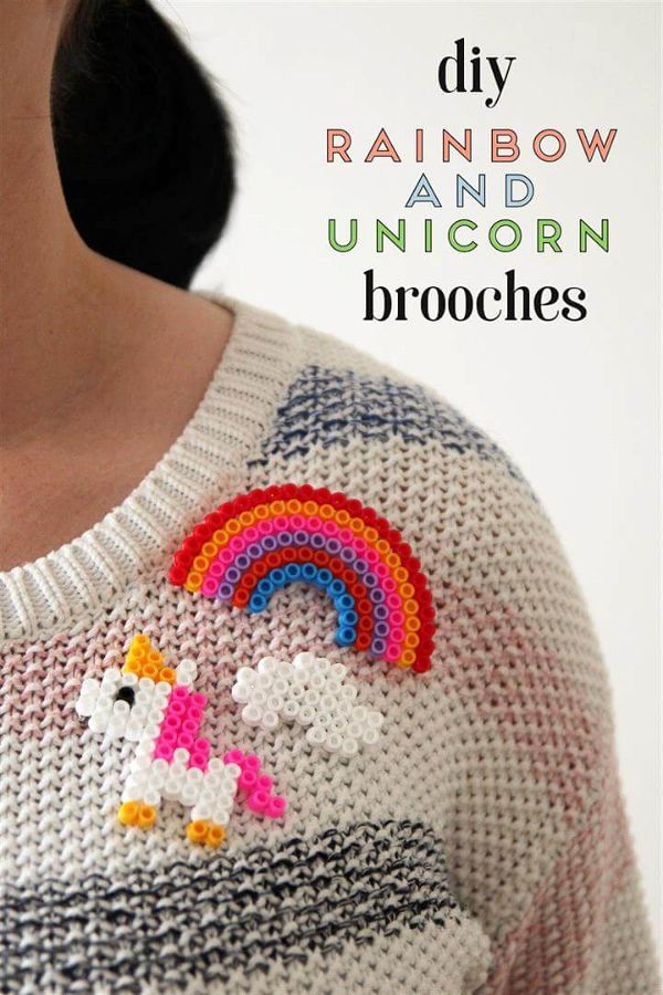 perler bead rainbow and unicorn brooches