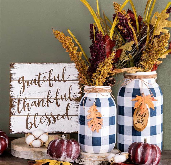 DIY Fall Mason Jar Decor - Buffalo Check Mason Jars with Fall Accents 