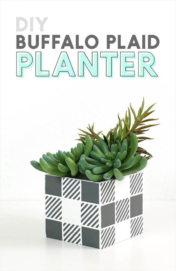 DIY buffalo plaid planter made with DIY plaid stencil