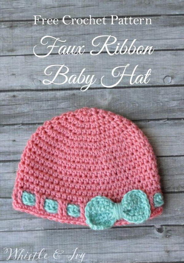 Free Crochet Pattern Faux Ribbon Baby Hat.