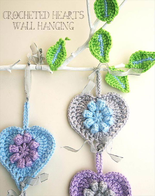 Crocheted hearts wall hanging close up