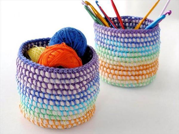 rainbow baskets, crochet baskets, storage ideas