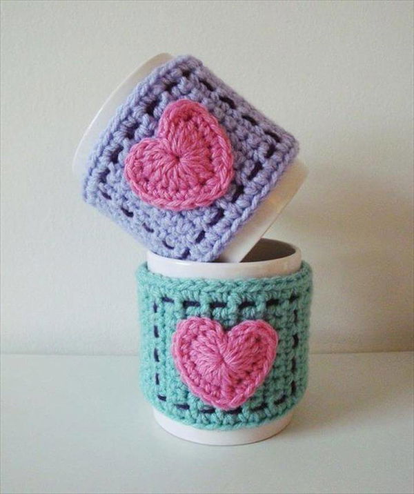 Crocheted heart mug cozy.