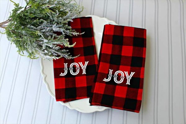 Easy DIY Red and Black Buffalo Check Cloth Bandana Napkins made with Chalk Couture Peace Joy