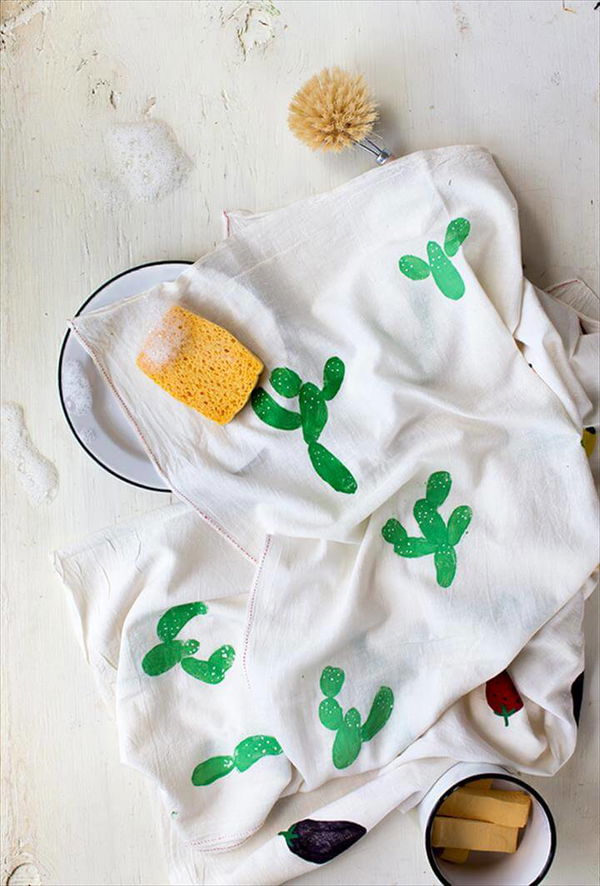 Potato Stamp Tea Towels, Potato Stamp Cactus Print, DIY Mothers Day Gifts