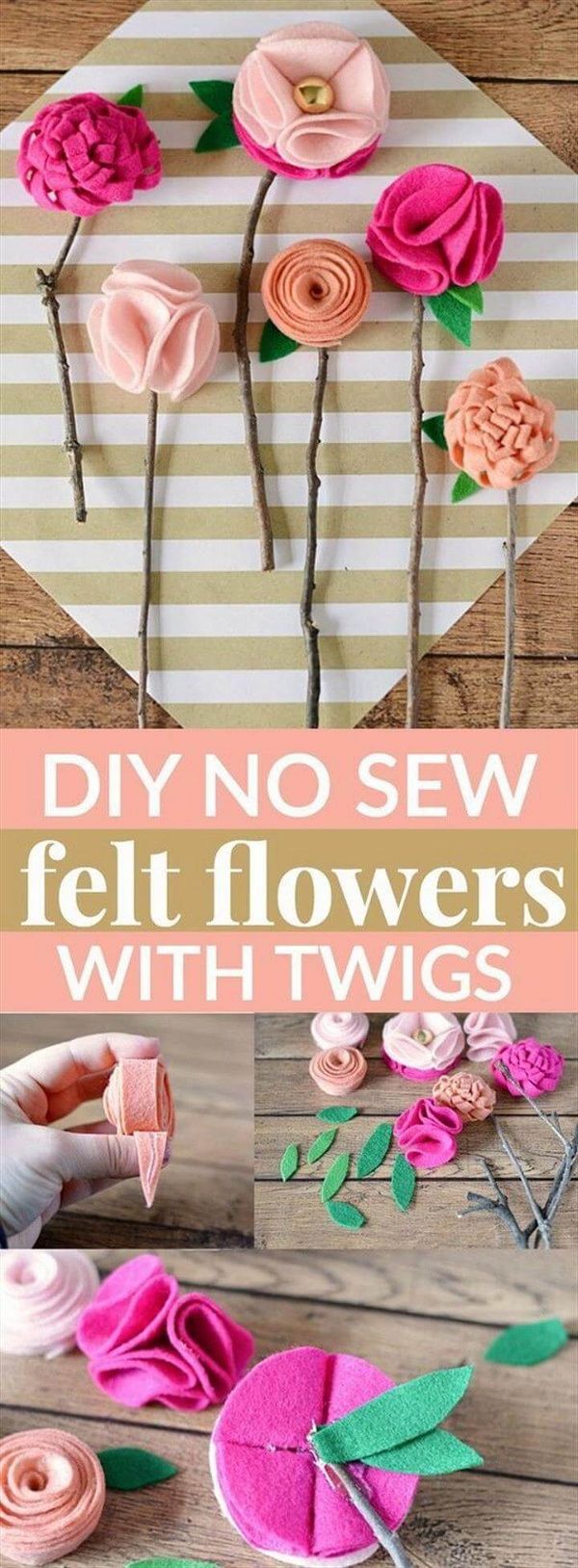Mother's Day Crafts and gifts: DIY No Sew Felt Flowers With Twigs.