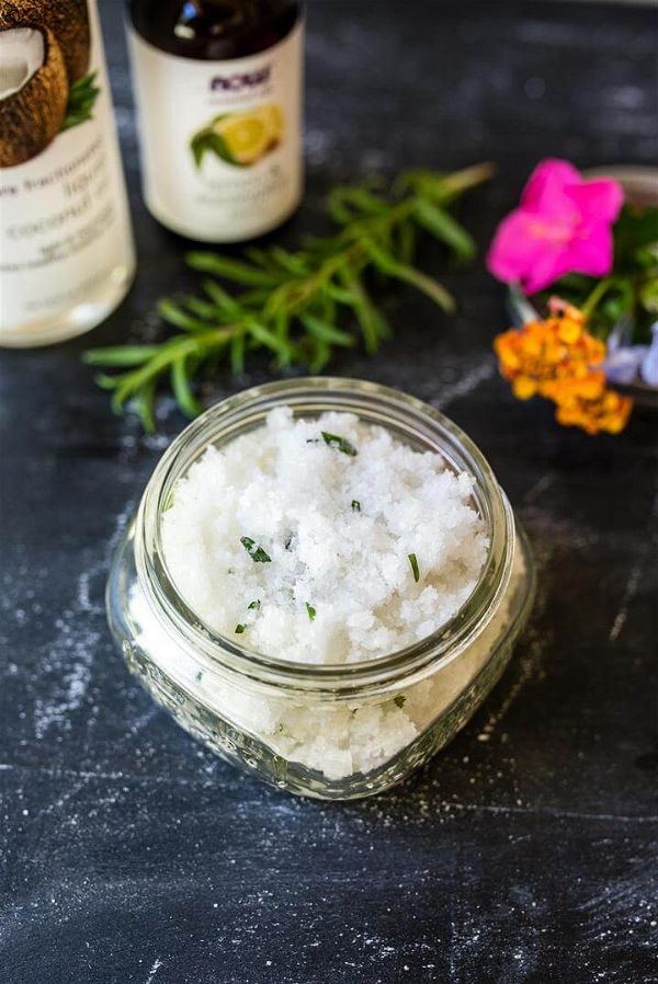 DIY Salt Scrub with coconut oil takes minutes to make and will leave your skin feeling