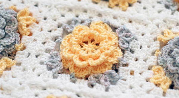 Crochet flower granny square blanket Yellow crochet flower blanket