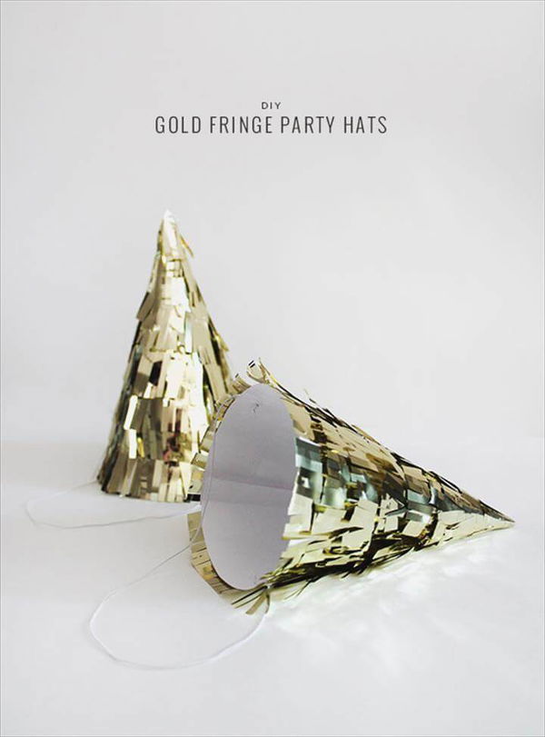 diy NYE fringe hat, diy gold fringe party hats