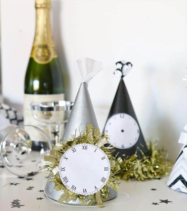 Paint or wrap fabric around dollar store party hats for EASY and cheap glam New Years