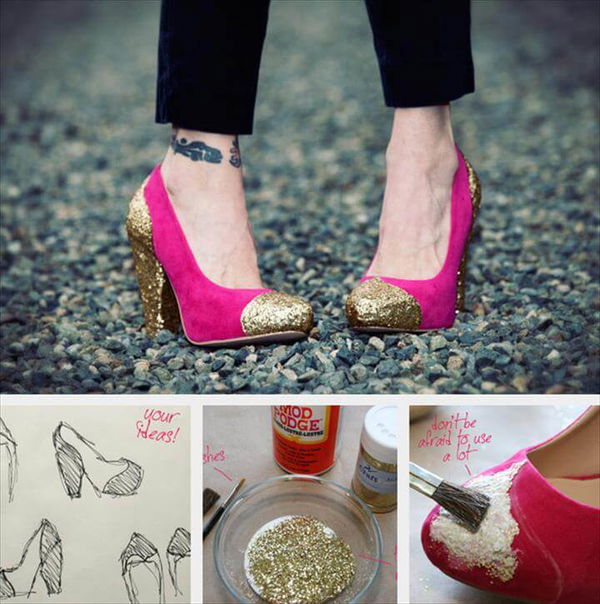 diy glitter shoe, Shoe Refashion, Glitter Shoes, Gold Glitter, Hacks, Clear Glue, Diy Fashion, Custom Shoes, Diy Projects To Try, Diy Clothes,Sparkle Shoes, Glitter Heels, Sparkly Heels, Dyi, Make Your Own, How To Make, Make It Yourself, Shoe Crafts, Diy Crafts,How To Make Glitter, Glitter Heels, Sparkle Shoes,, Creative Shoes Diy Craft Projects, Diy Crafts,, Geek Crafts Diy Fashion Accessories, Clothes Crafts,