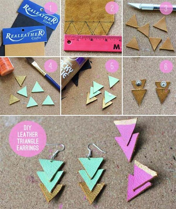 DIY Earrings and Homemade Jewelry Projects - Leather Triangle Earrings - Easy Studs, Ideas with
