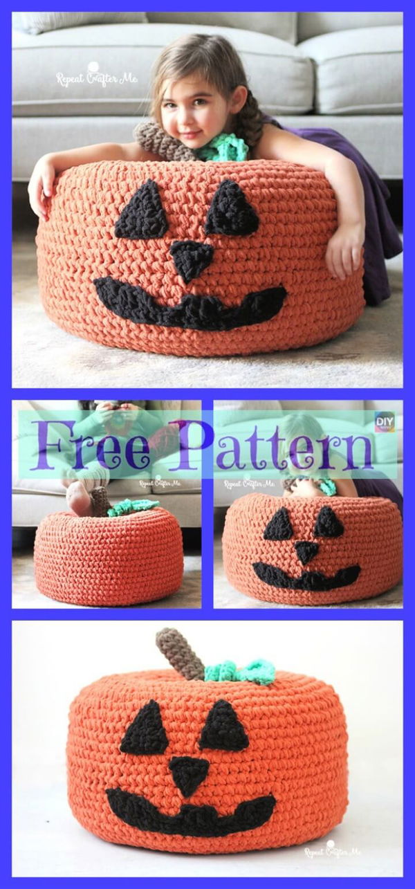 Crochet Jack-o-Lantern Pumpkin Pouf