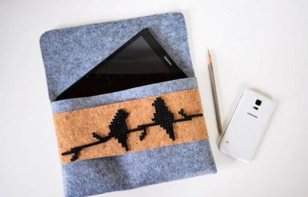 DIY felt tablet case with beaded birds