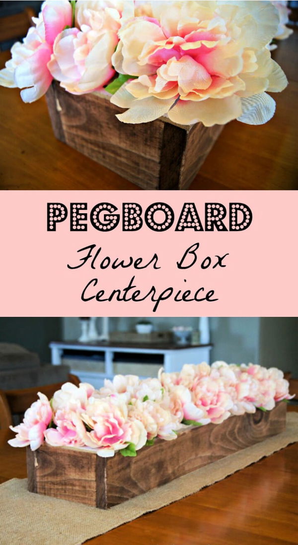 Use pegboard and wood to make a centerpiece. Flower stems go right into